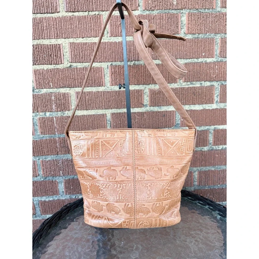 Vintage Tan Embossed Leather Elephant Tribal Crossbody Bucket Bag